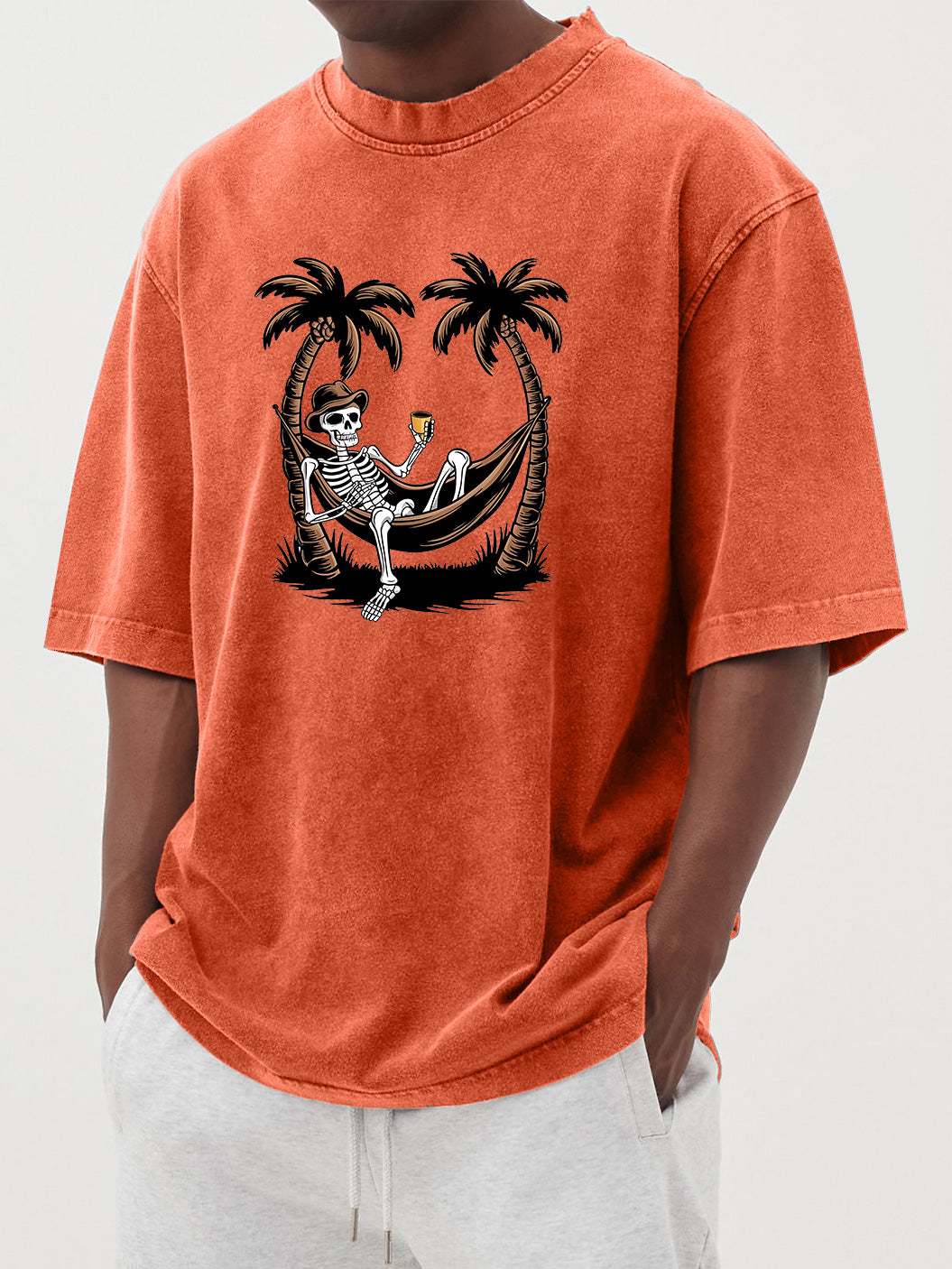 Men's Halloween 100% cotton washed distressed coconut tree skull print short-sleeved T-shirt