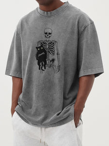 Men's Halloween 100% cotton washed distressed skull black cat print short-sleeved T-shirt