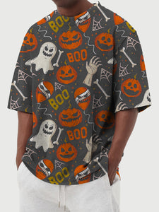 Men's Summer Round Neck Halloween Ghost Pumpkin Print Short Sleeve T-Shirt