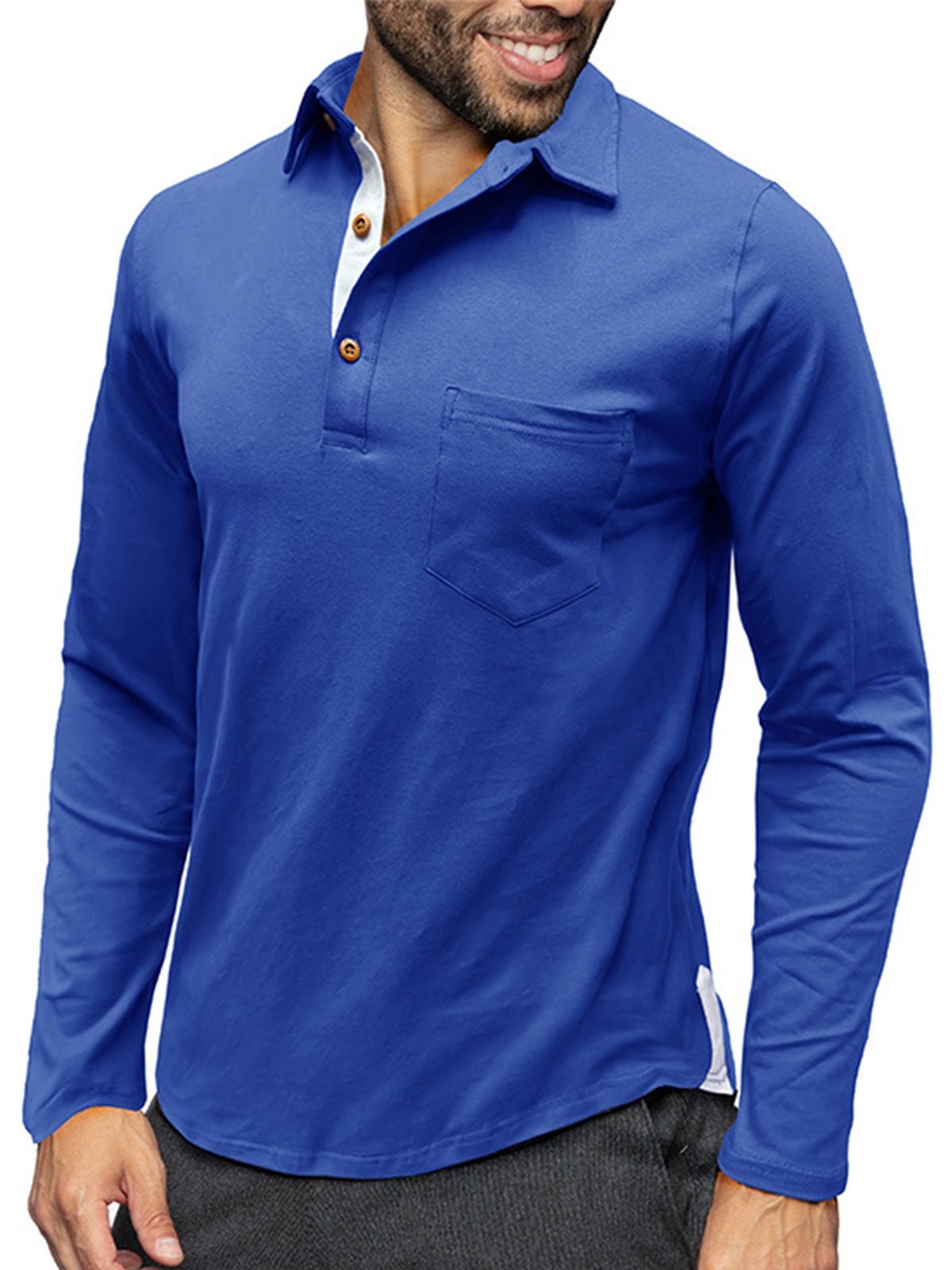 Men's Pure Cotton Lapel Casual Solid Color Pocket Long Sleeve POLO Shirt