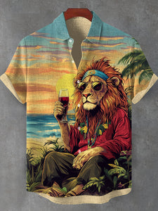 Men's Cool Lion Reggae Soul Drinking Wine Vacation Art Print Casual Shirt