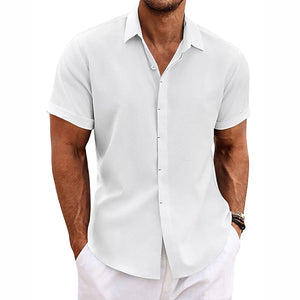 Men's Solid Color Lapel Cotton Linen Short Sleeve Shirt 82339241X