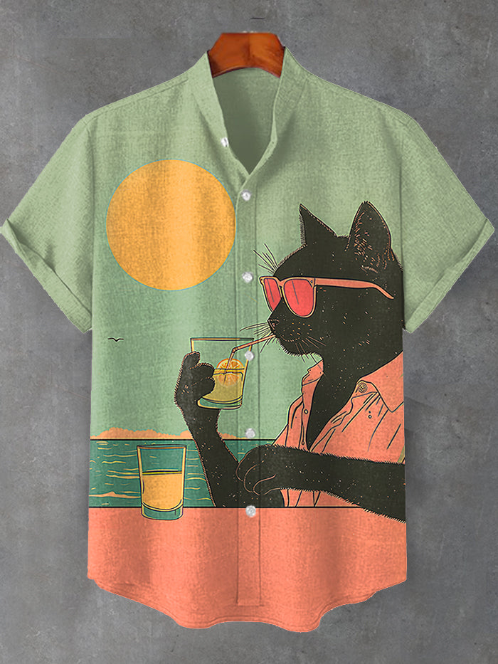 Men's Leisurely Black Cat Seaside Vacation Print Shirt