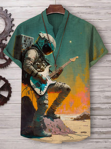 Men's Astronaut Music Oil Painting Art Print V Neck T-Shirt