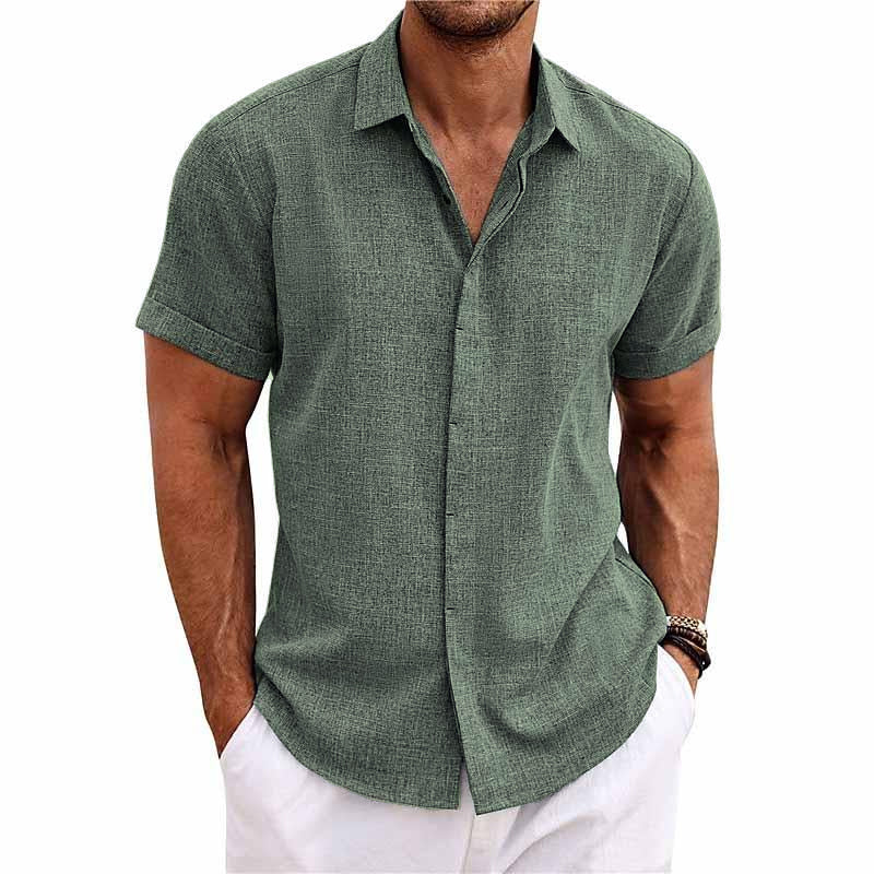 Men's Solid Color Lapel Cotton Linen Short Sleeve Shirt 82339241X