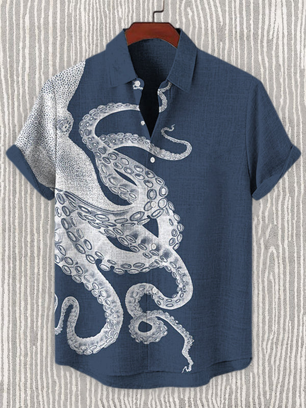 Men's Japanese Art Octopus Graphic Printed Linen Blend Shirt