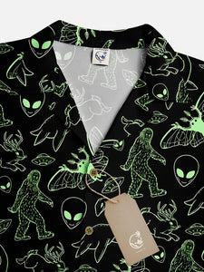 American Legend Alien Green Lines Cryptid Pattern Short Sleeve Aloha Shirt