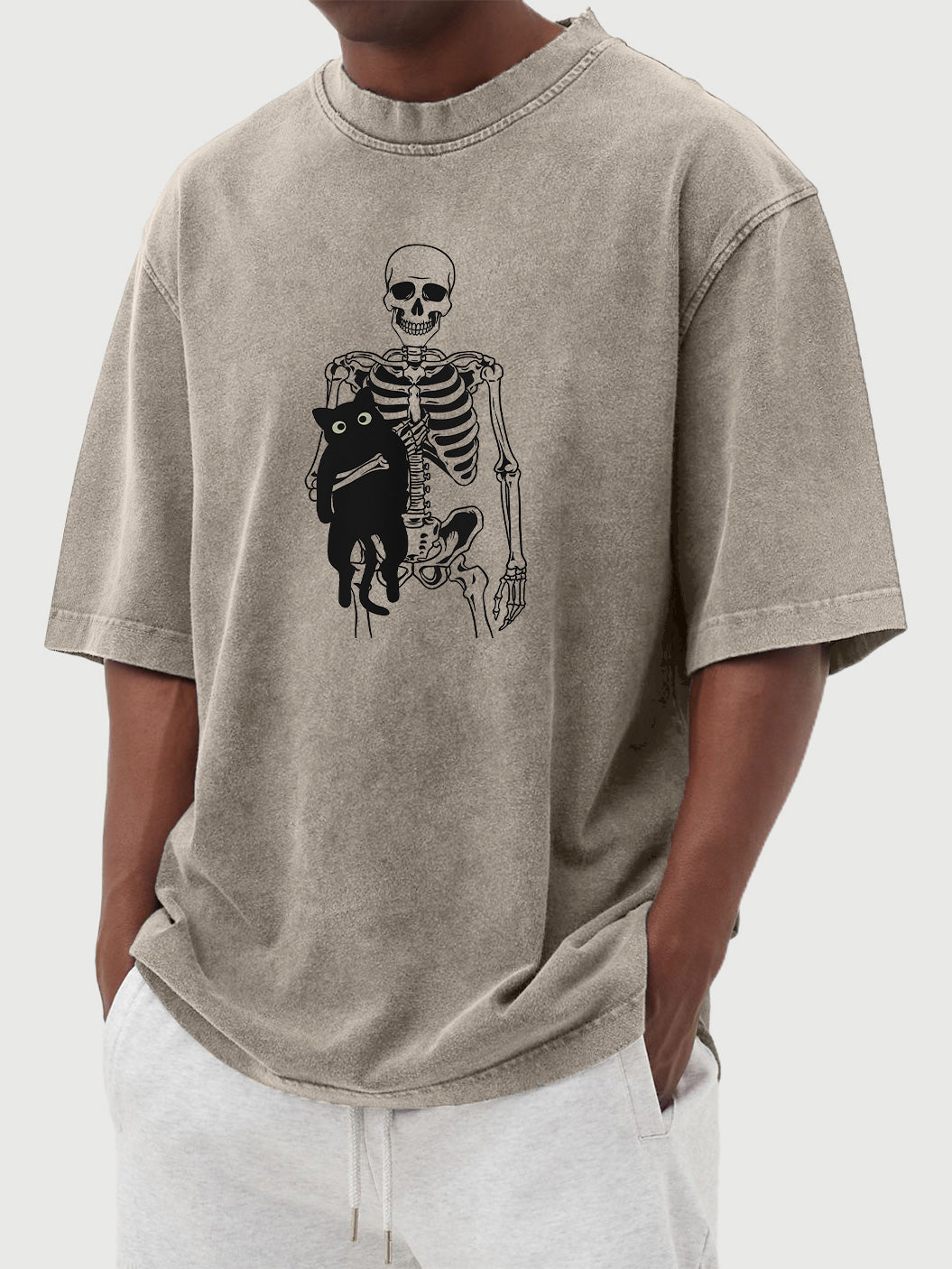 Men's Halloween 100% cotton washed distressed skull black cat print short-sleeved T-shirt