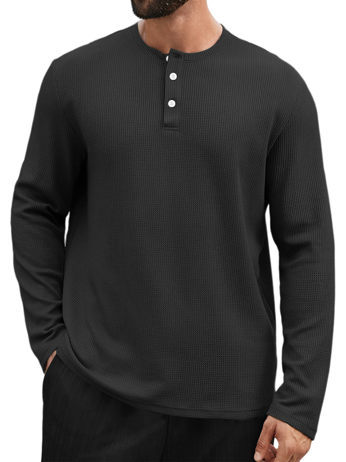 Men's Casual Henley Collar Waffle Solid Color Long Sleeve T-Shirt