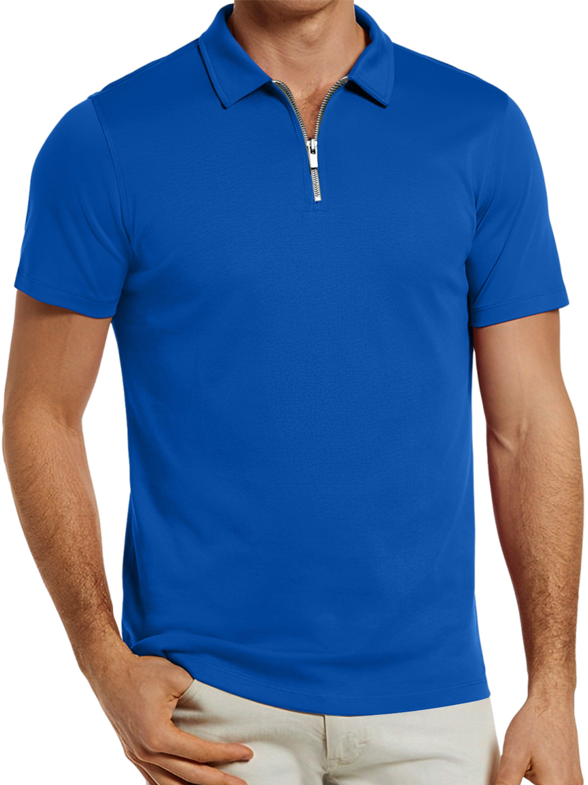 Men's solid color zipper lapel breathable short-sleeved POLO shirt