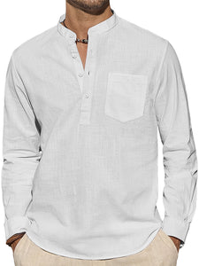 Men's Casual Stand Collar Pocket Solid Color Long Sleeve Shirt