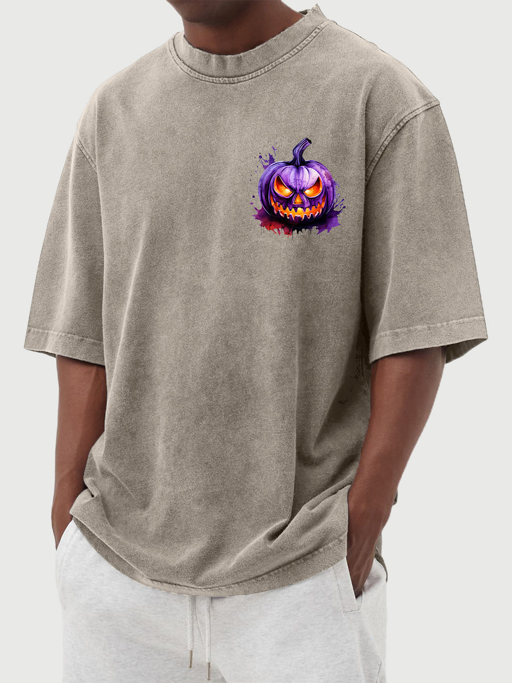 Men's Halloween 100% Cotton Washed and Distressed Watercolor Pumpkin Print Short Sleeve T-Shirt