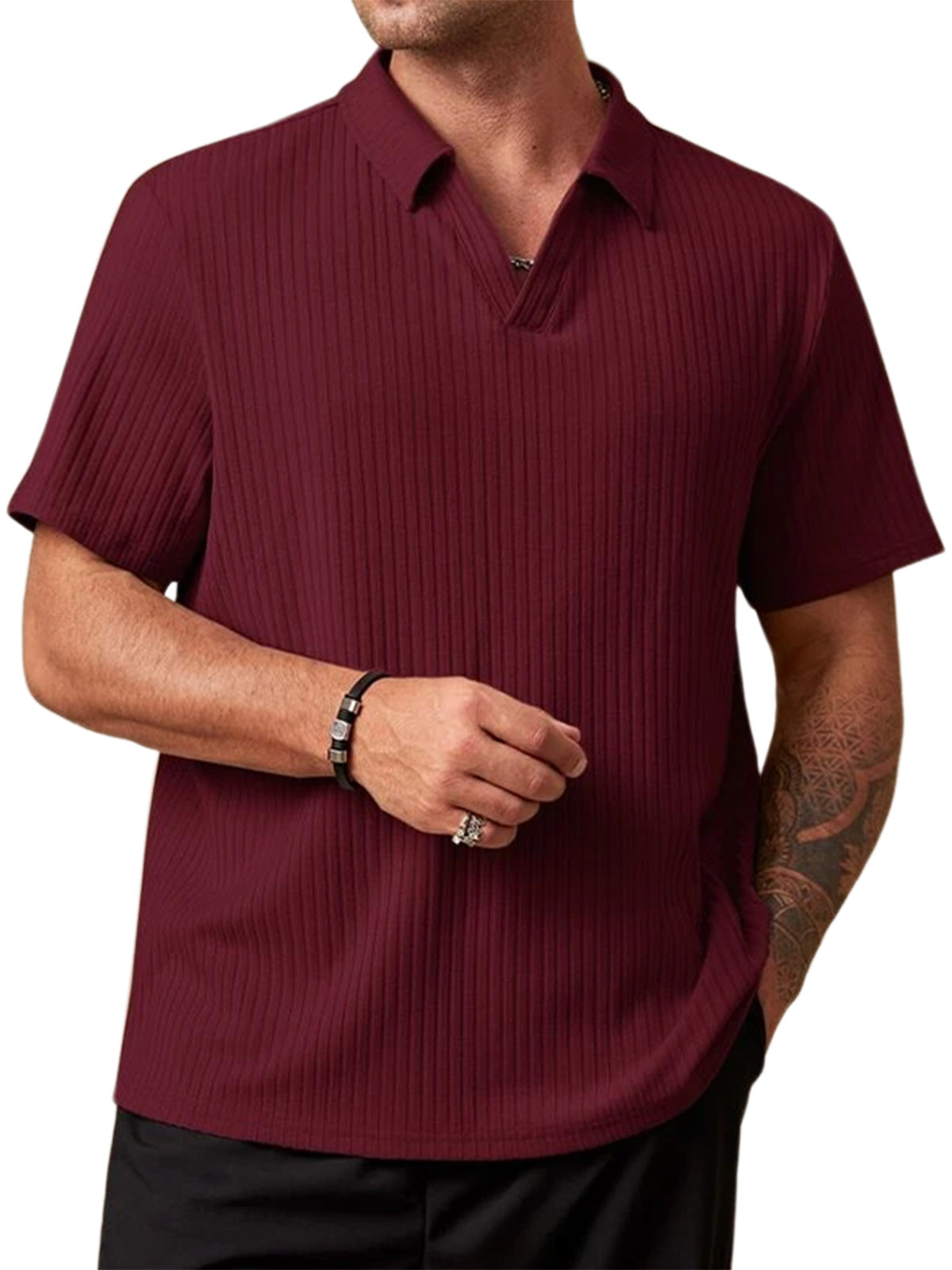 Men's V-neck striped solid color short-sleeved POLO shirt