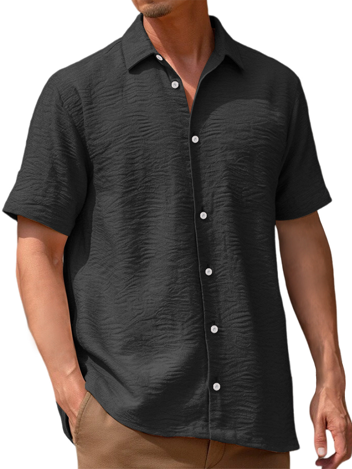 Men's Waffle Color Block Chest Pocket Short Sleeve Button-Up Polo Shirt