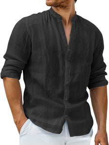 Men's Casual Stand Collar Cotton Guayabera Solid Color Long Sleeve Shirt