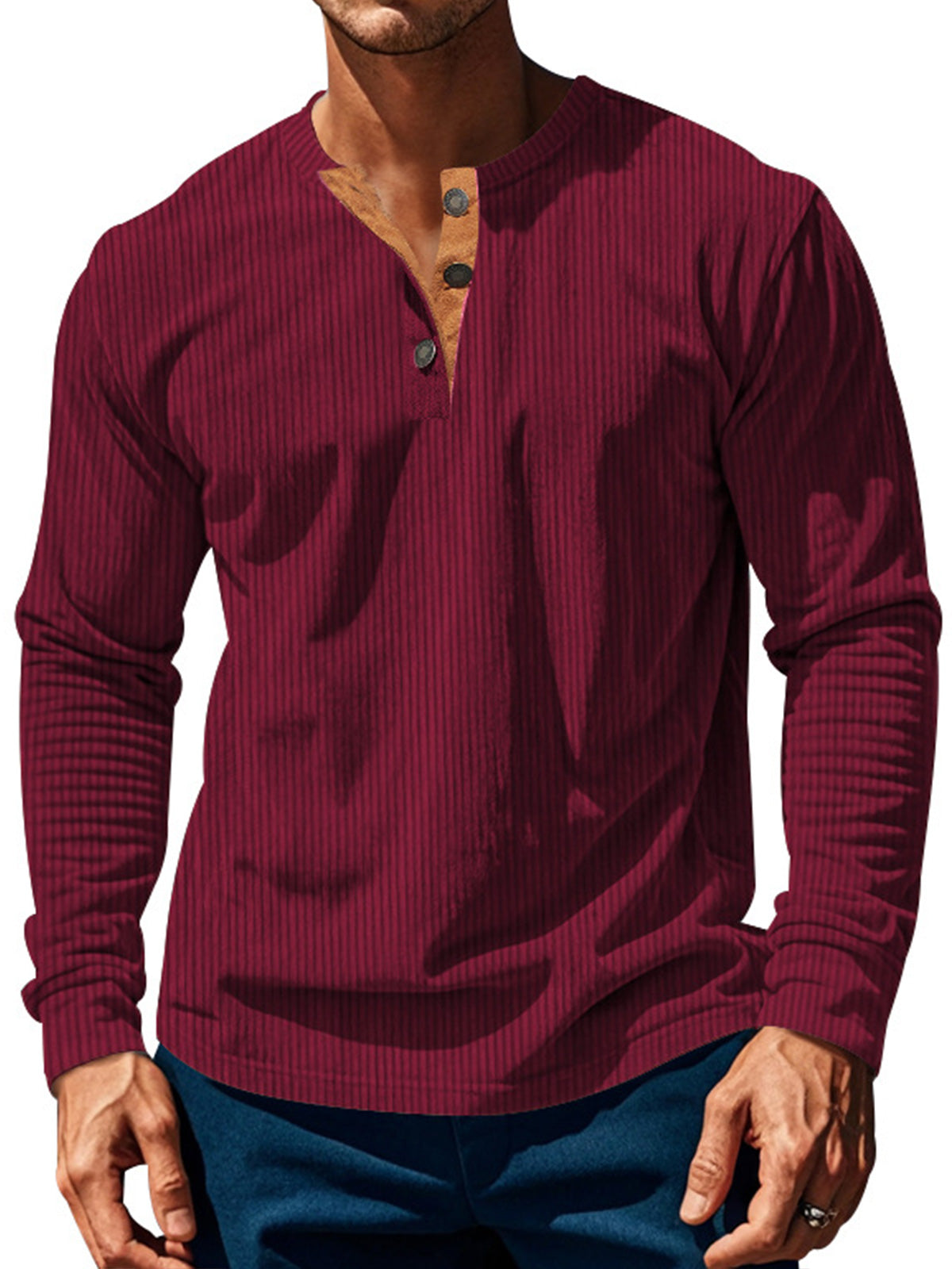 Men's vertical stripe solid color four-button casual and comfortable long-sleeved Henley T-shirt