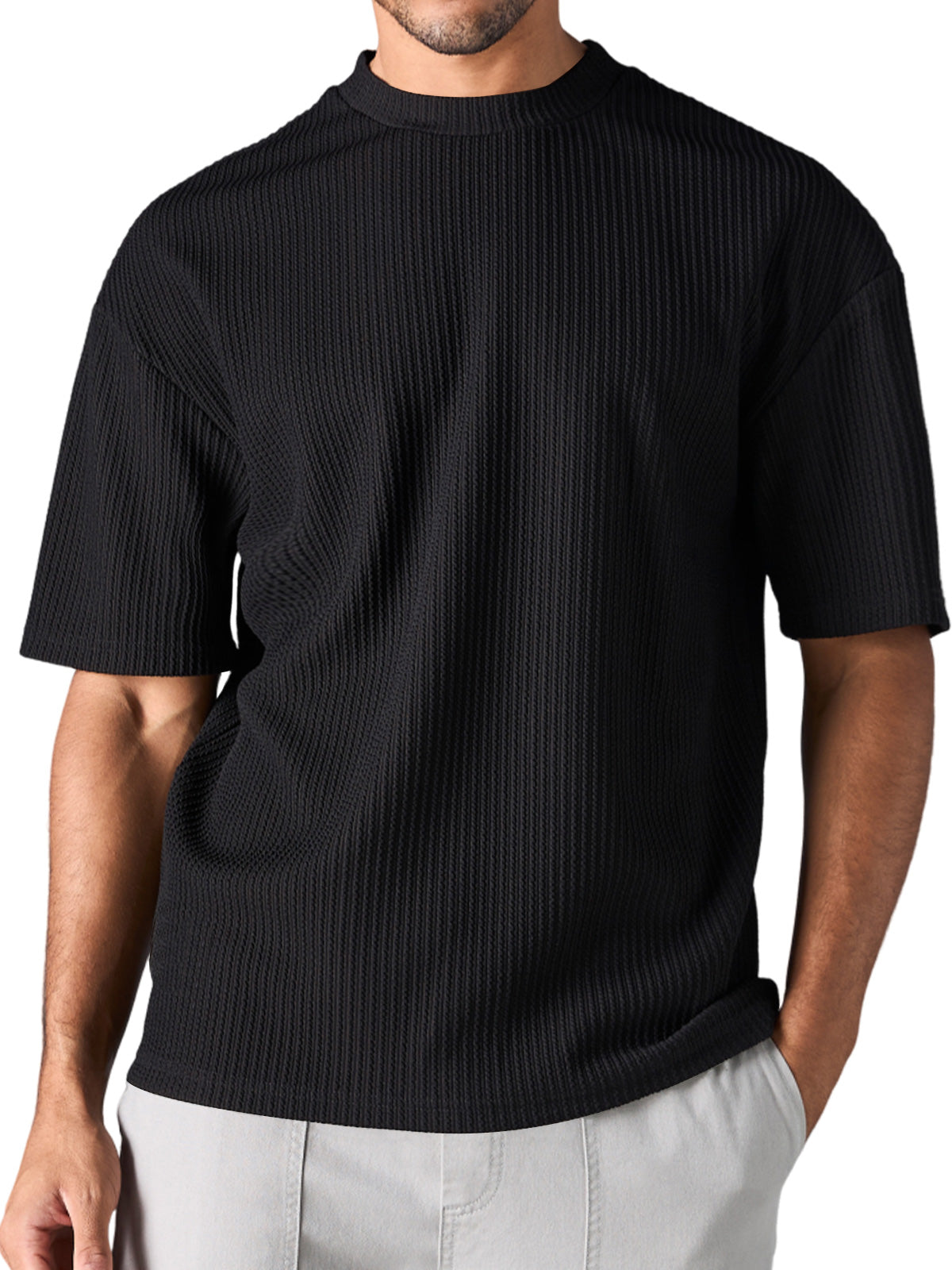 Men's summer vertical stripe textured round neck solid color short-sleeved T-shirt