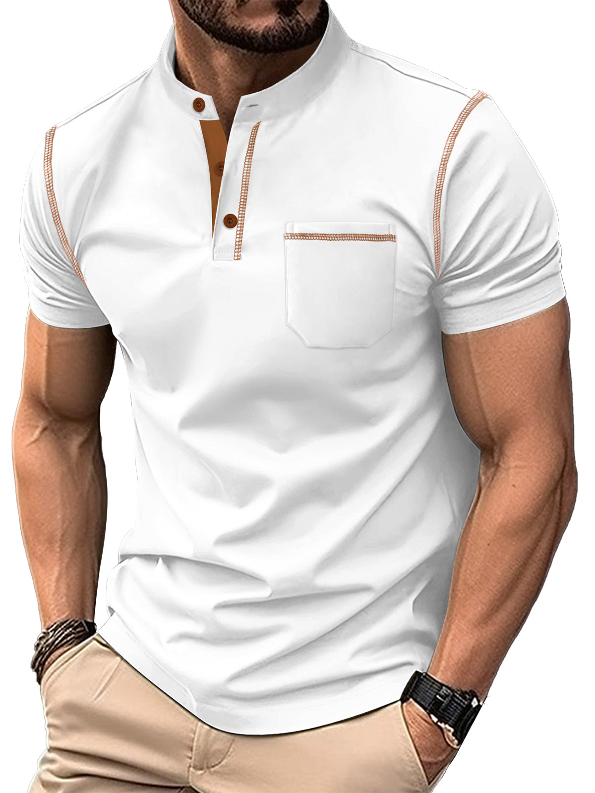 Men's Solid Color Stand Collar Pocket Short Sleeve POLO Shirt