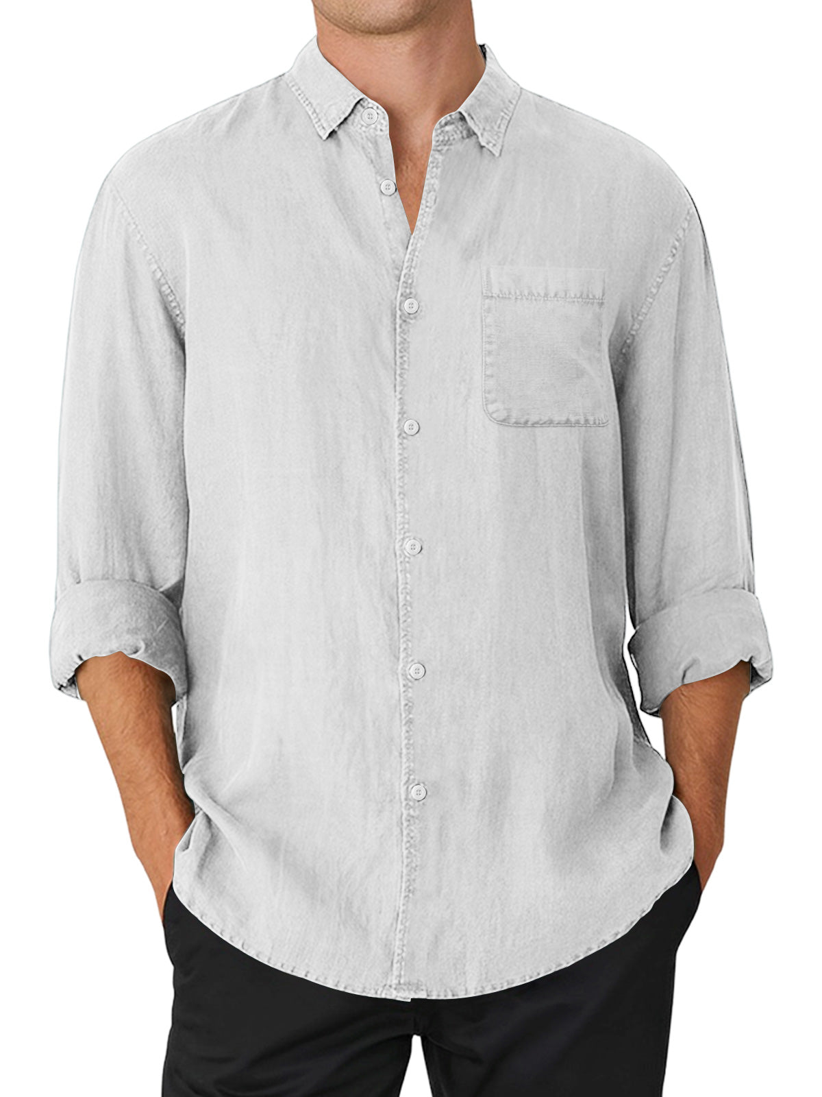 Men's pure cotton casual and comfortable solid color lapel long-sleeved shirt