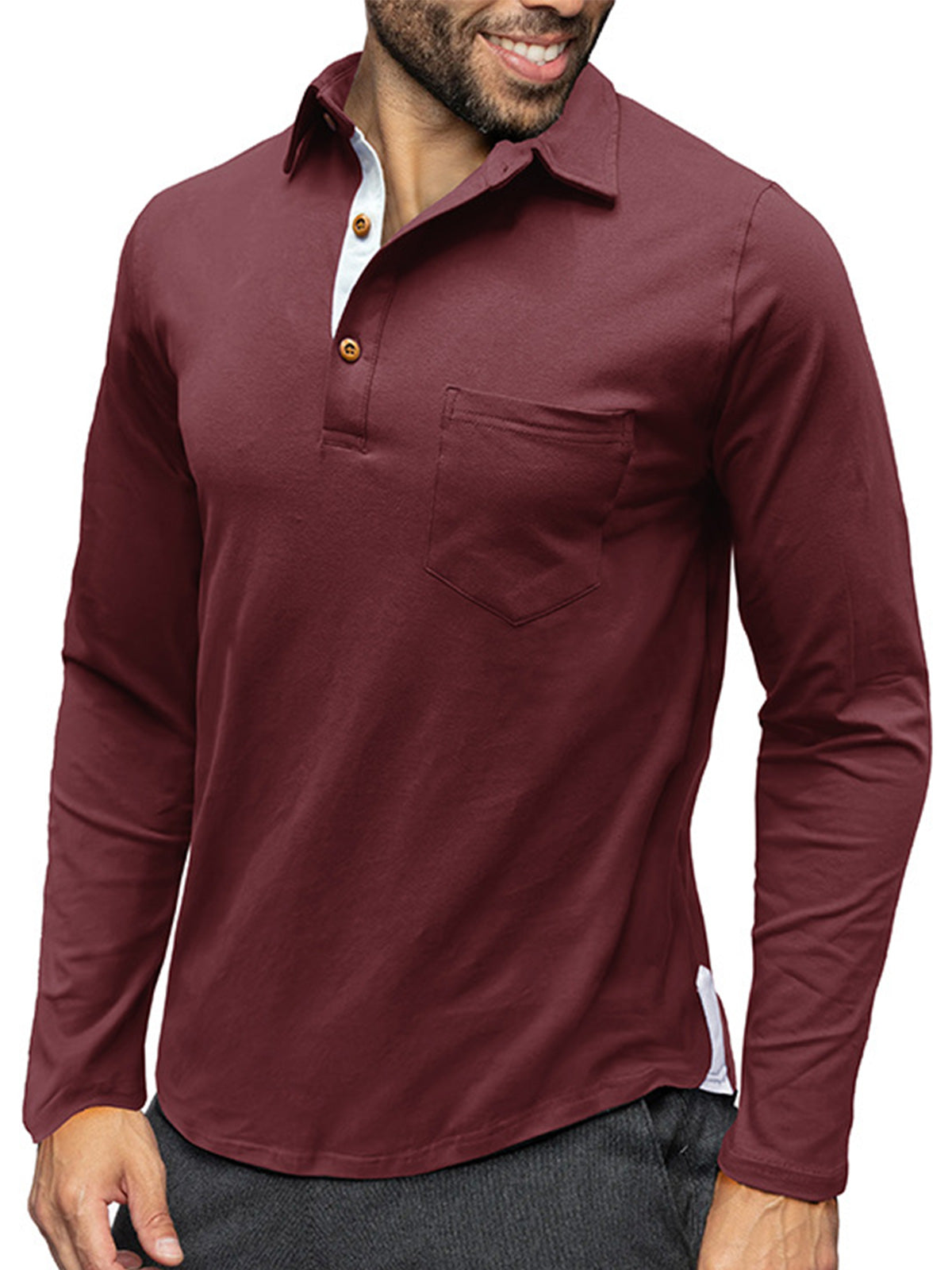 Men's Pure Cotton Lapel Casual Solid Color Pocket Long Sleeve POLO Shirt