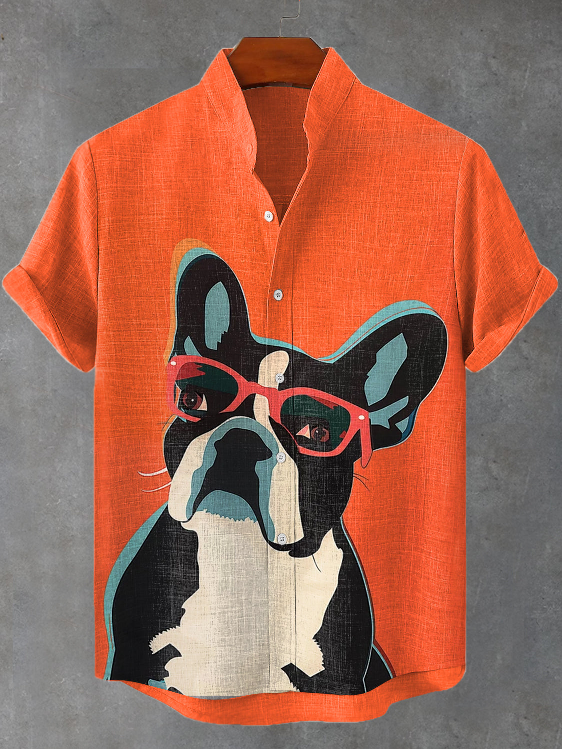 Men's Vintage Fun Glasses French Bulldog Print Linen Blend Shirt