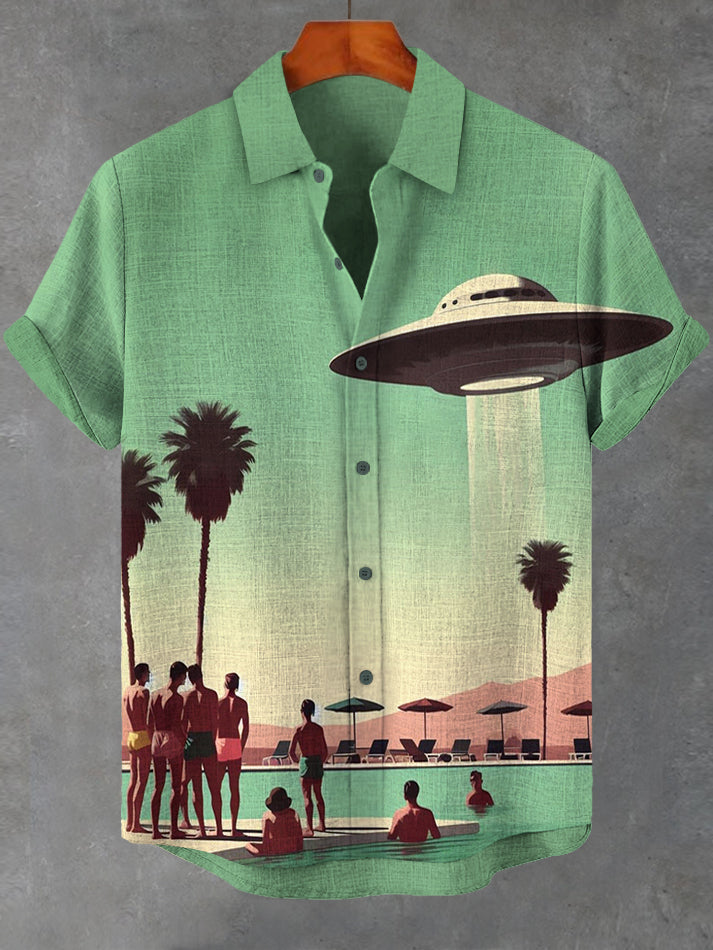 Men's Pool UFO Sci-Fi Futuristic Art Print Casual Short Sleeve Shirt