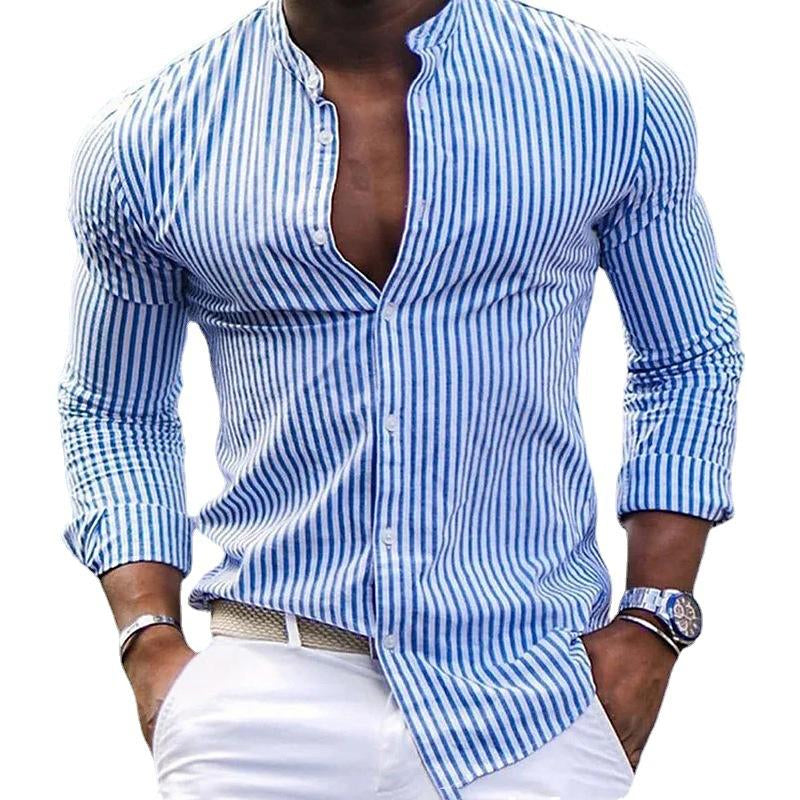 Men's Stripe Print Casual Fashion Stand Collar Shirt 14381228X