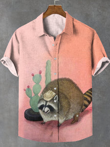 Men's Vintage Fun Cactus Screaming Raccoon Print Linen Blend Shirt