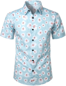 Men's Floral Daisy Print Hawaiian Cotton Button Up Summer Short Sleeve Flower Shirt