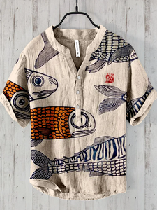 Men's Retro Fish Japanese Art Print Half Button Linen Blend Shirt