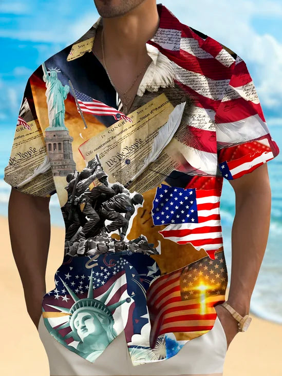 Holiday Men's Independence Day Flag Statue of Liberty Print Casual Breathable Short Sleeve Shirt Big Tall