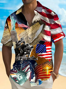 Holiday Men's Independence Day Flag Statue of Liberty Print Casual Breathable Short Sleeve Shirt Big Tall