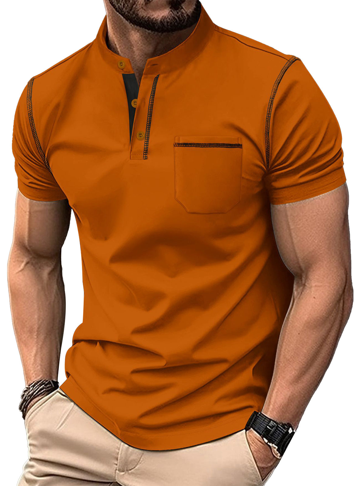 Men's Solid Color Stand Collar Pocket Short Sleeve POLO Shirt