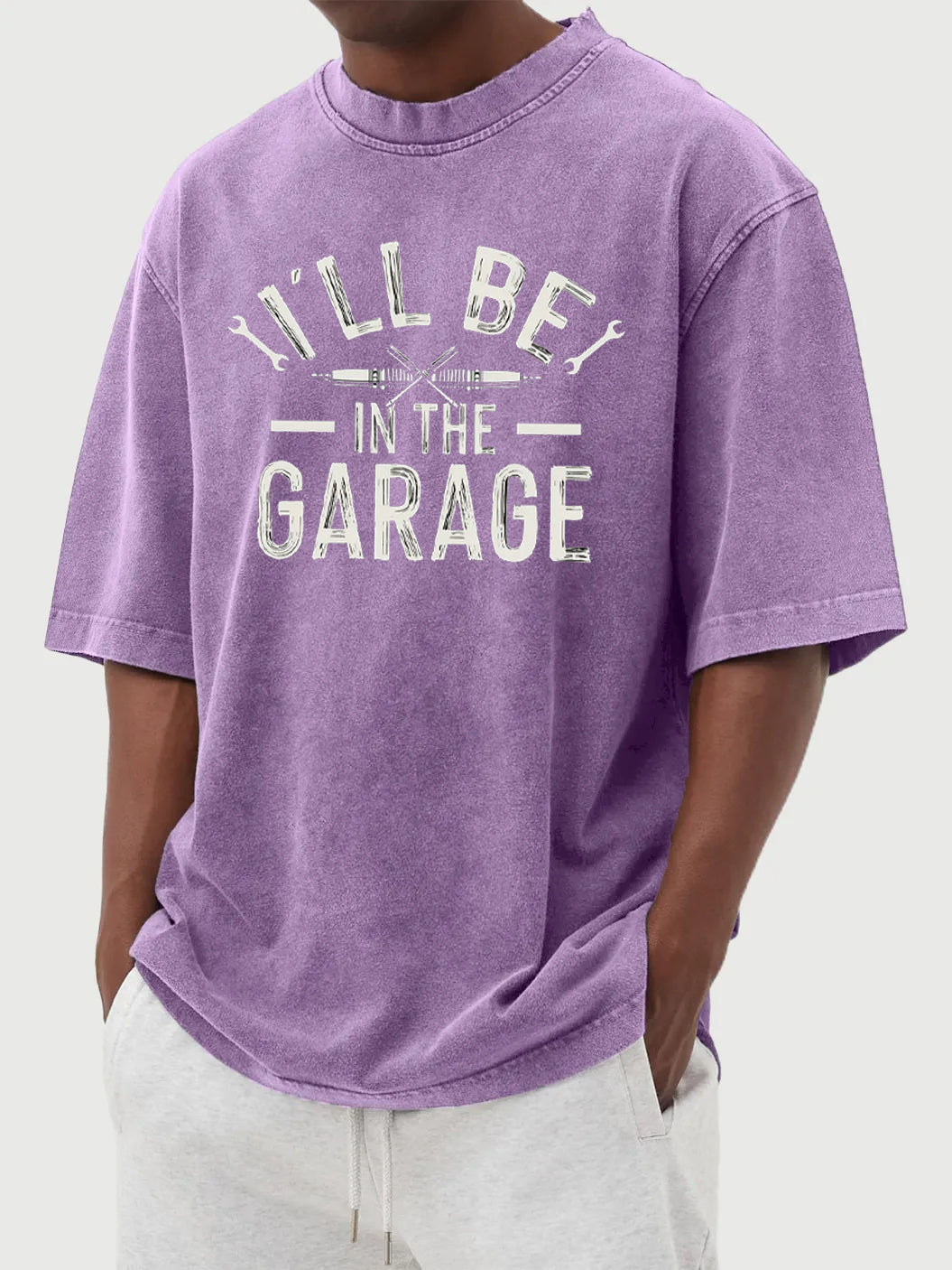 "I'll Be In The Garage" printed vintage washed crew neck T-shirt