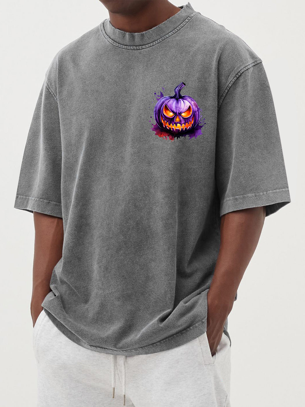 Men's Halloween 100% Cotton Washed and Distressed Watercolor Pumpkin Print Short Sleeve T-Shirt