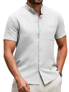 Men's Summer Stand Collar Pleated Pocket Casual Solid Color Short Sleeve Shirt