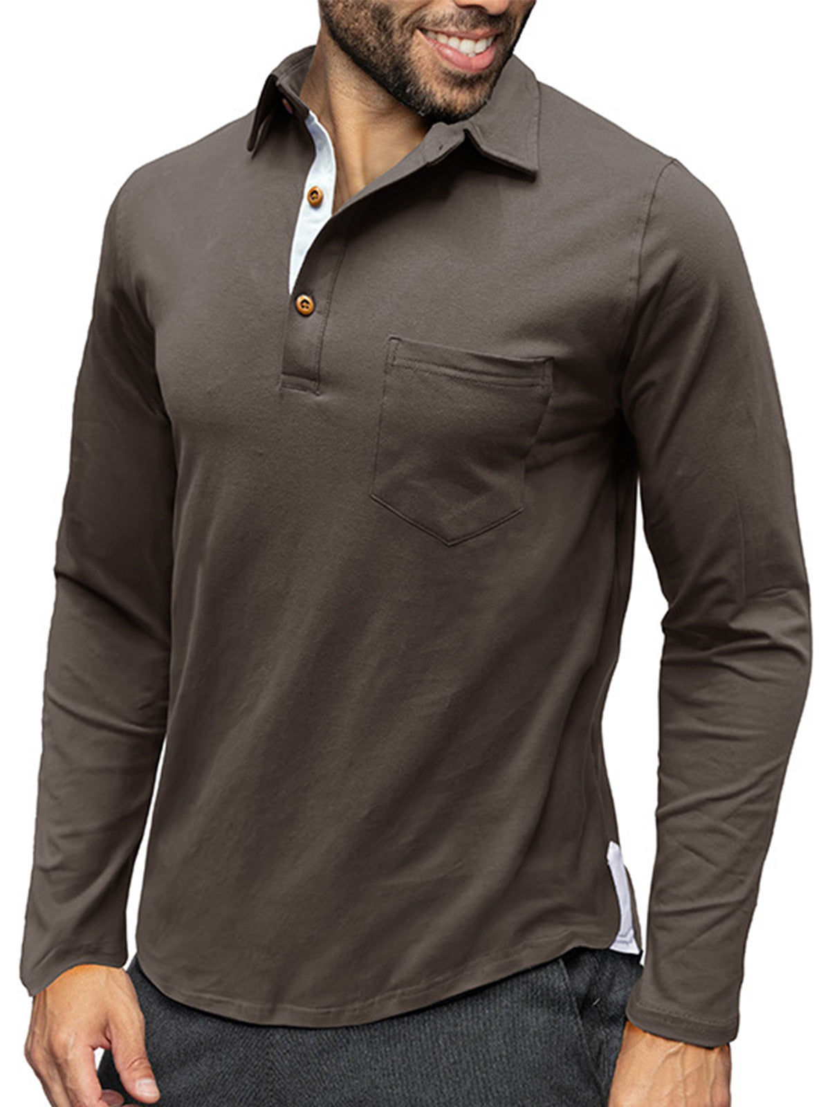 Men's Pure Cotton Lapel Casual Solid Color Pocket Long Sleeve POLO Shirt