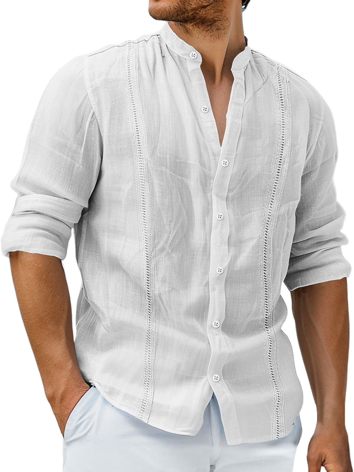 Men's Casual Stand Collar Cotton Guayabera Solid Color Long Sleeve Shirt