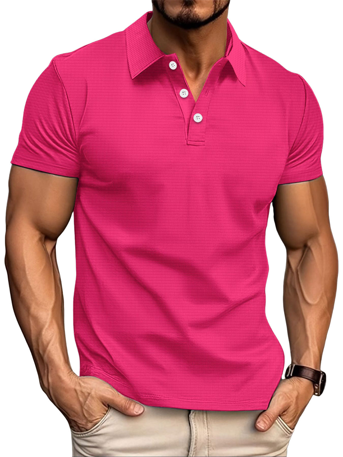 Men's Summer Solid Color Waffle Lapel Short Sleeve Polo Shirt