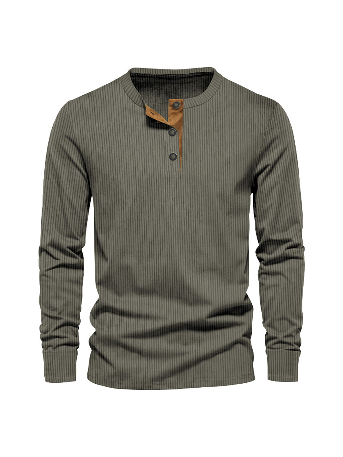 Men's vertical stripe solid color four-button casual and comfortable long-sleeved Henley T-shirt