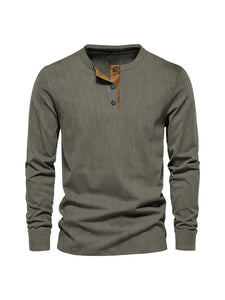 Men's vertical stripe solid color four-button casual and comfortable long-sleeved Henley T-shirt