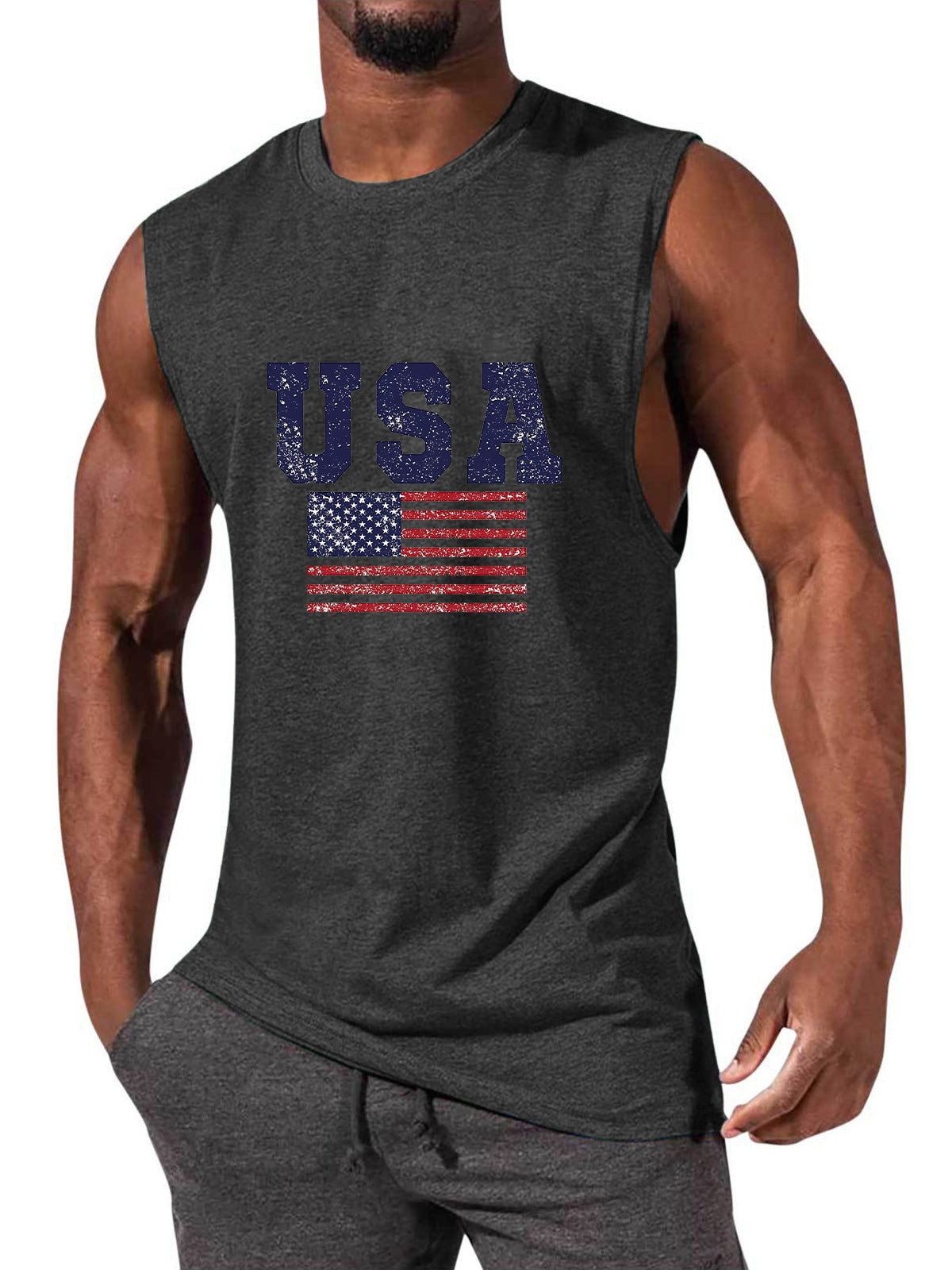 Men's Hawaiian USA Flag Print Sleeveless Tank Top T-Shirt