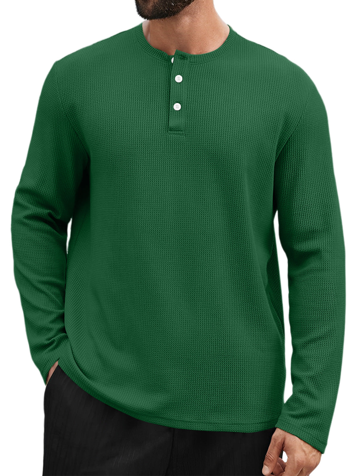 Men's Casual Henley Collar Waffle Solid Color Long Sleeve T-Shirt