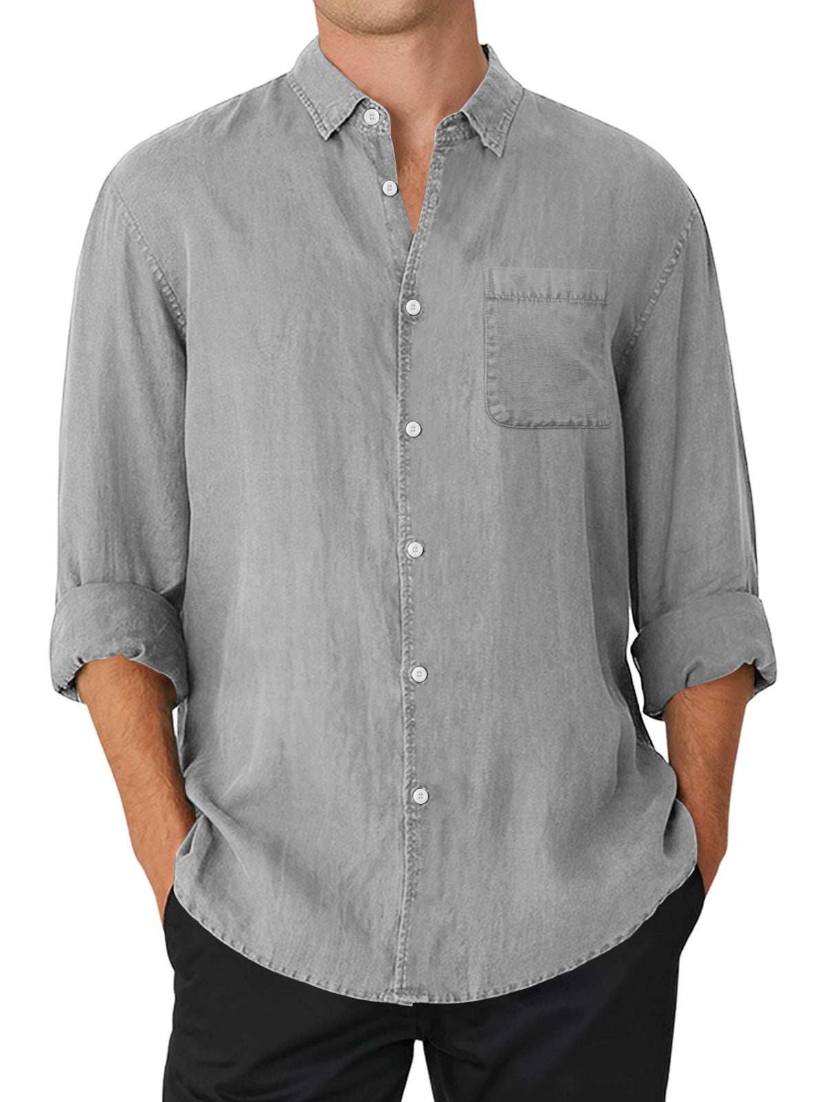 Men's pure cotton casual and comfortable solid color lapel long-sleeved shirt