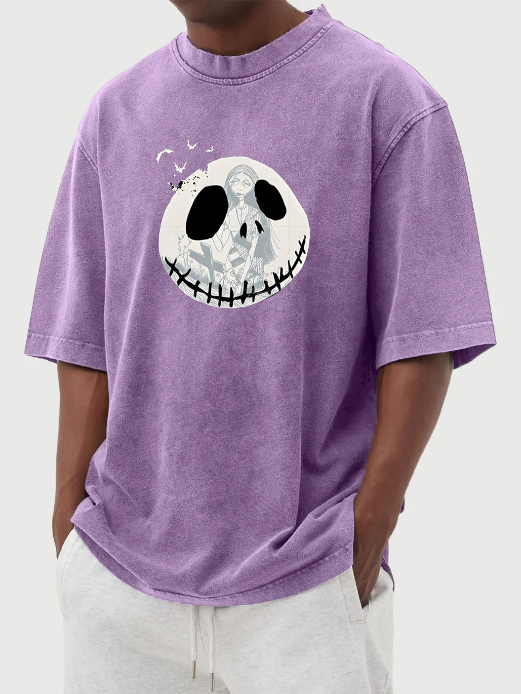 Halloween Retro Washed Ghost Face Printed Cotton Short-Sleeved T-shirt