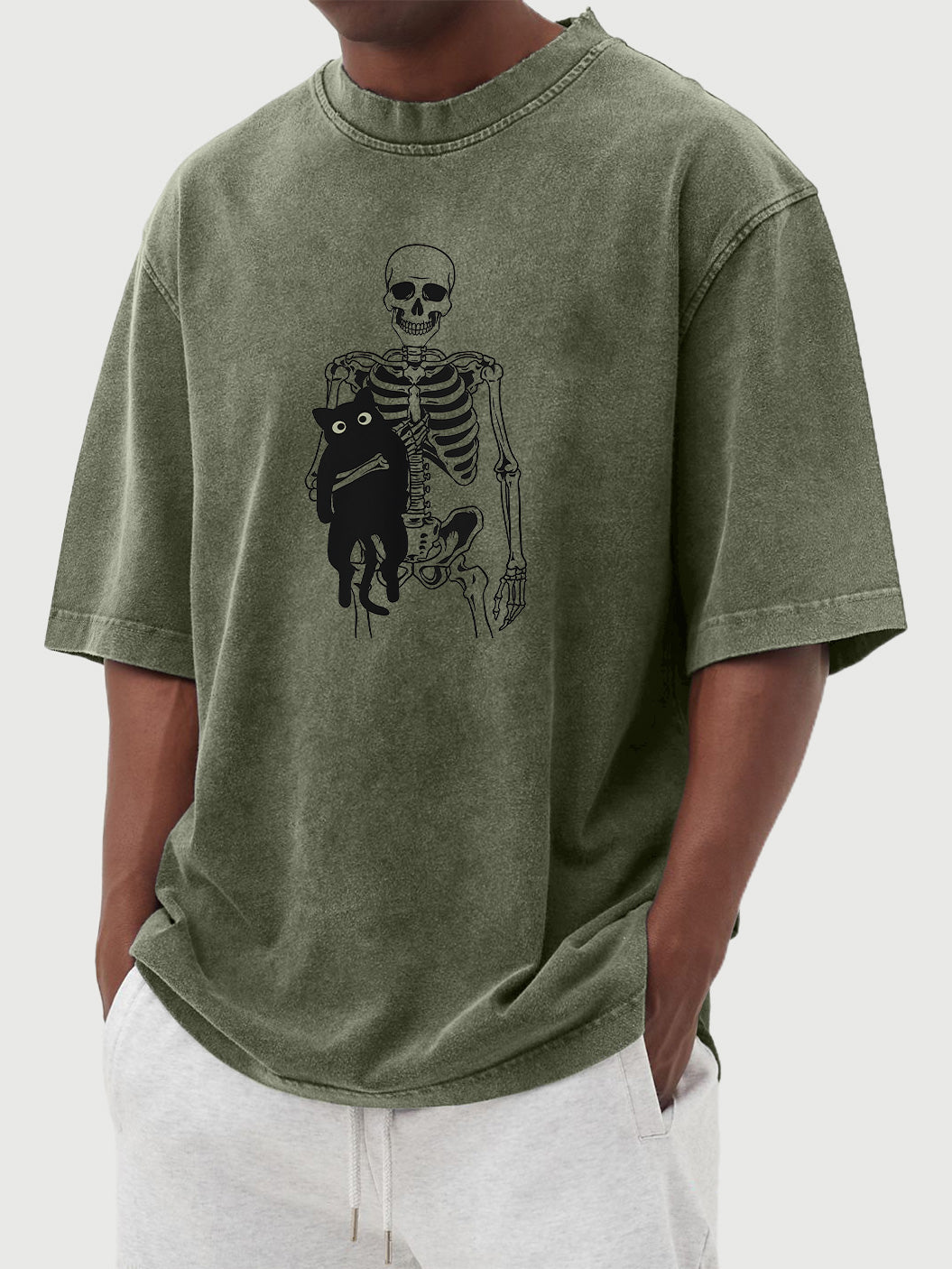 Men's Halloween 100% cotton washed distressed skull black cat print short-sleeved T-shirt