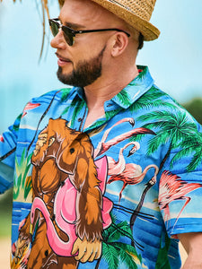 Flamingo Chest Pocket Short Sleeve Hawaiian Shirt