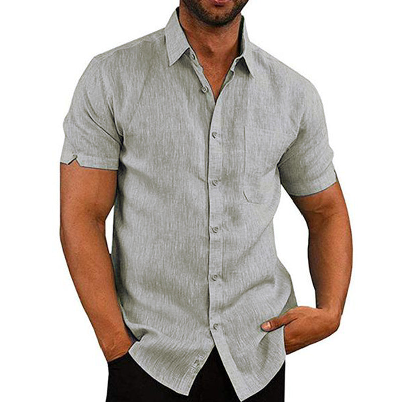 Men's Lapel Solid Color Short Sleeve Button Linen Shirt 76966962M