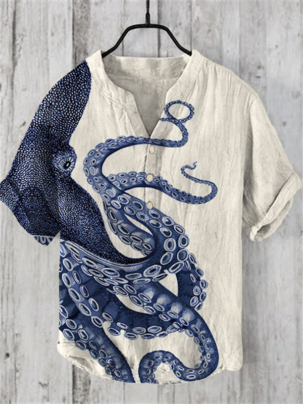 Men's Japanese Art Octopus Graphic Printed Short Sleeve Shirt