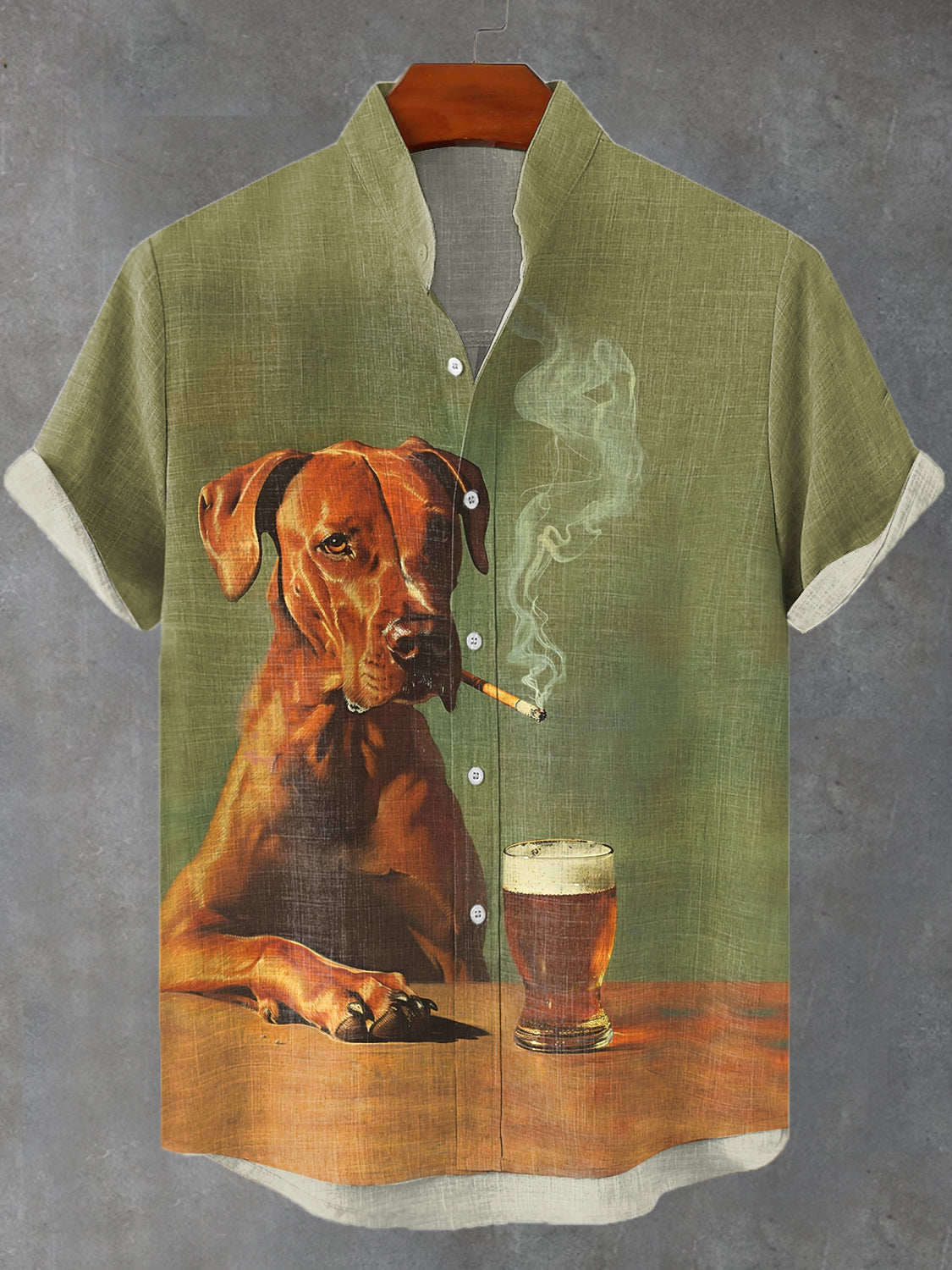 Men's Vintage Dog Smoking Beer Print Linen Blend Shirt